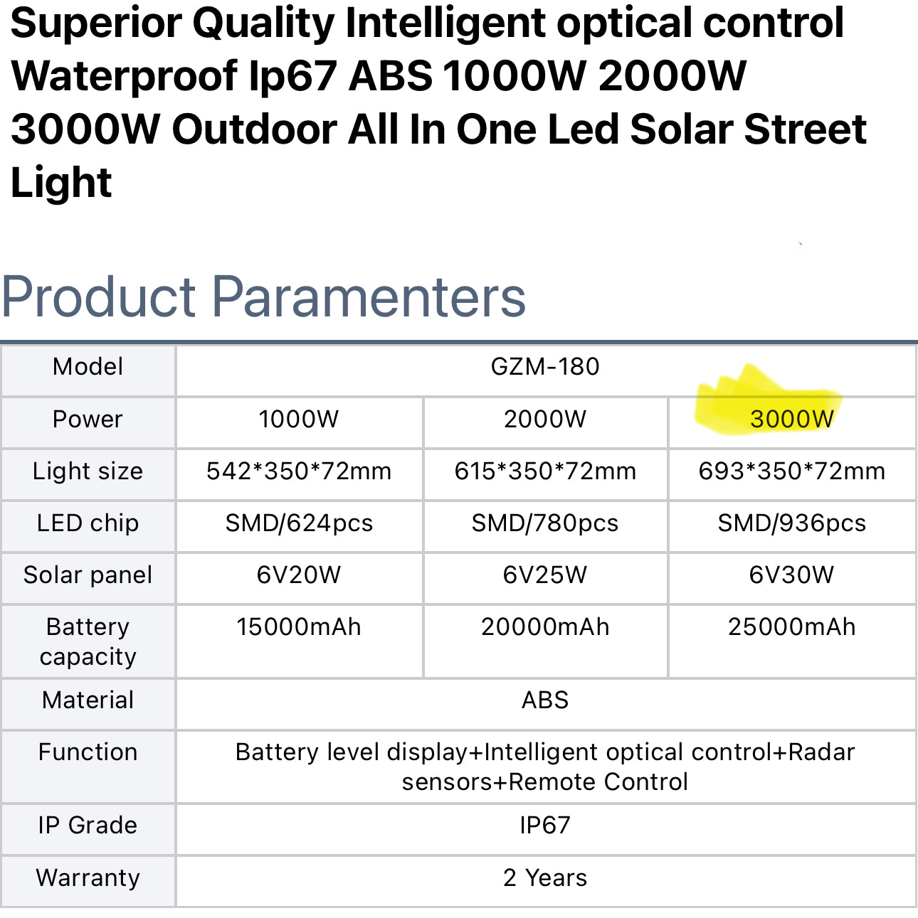 Solar Street Light with Motion Sensor, 3000W