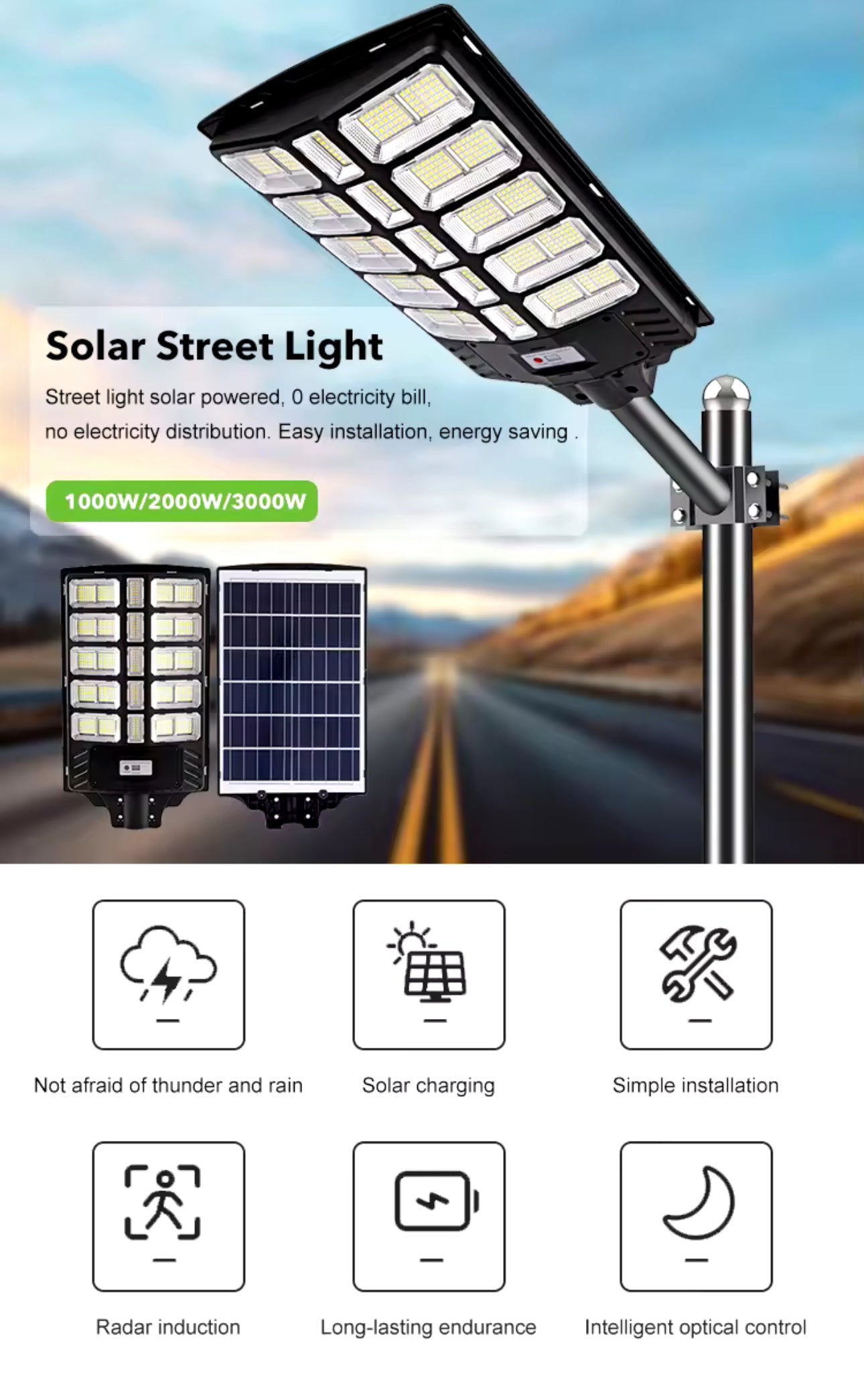 Solar Street Light with Motion Sensor, 3000W