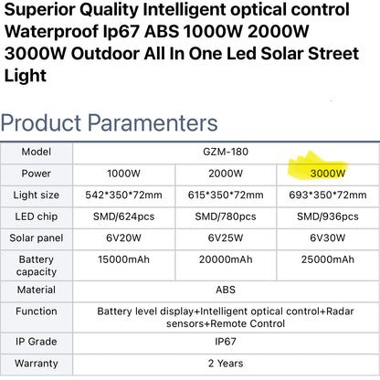 Solar Street Light with Motion Sensor, 3000W